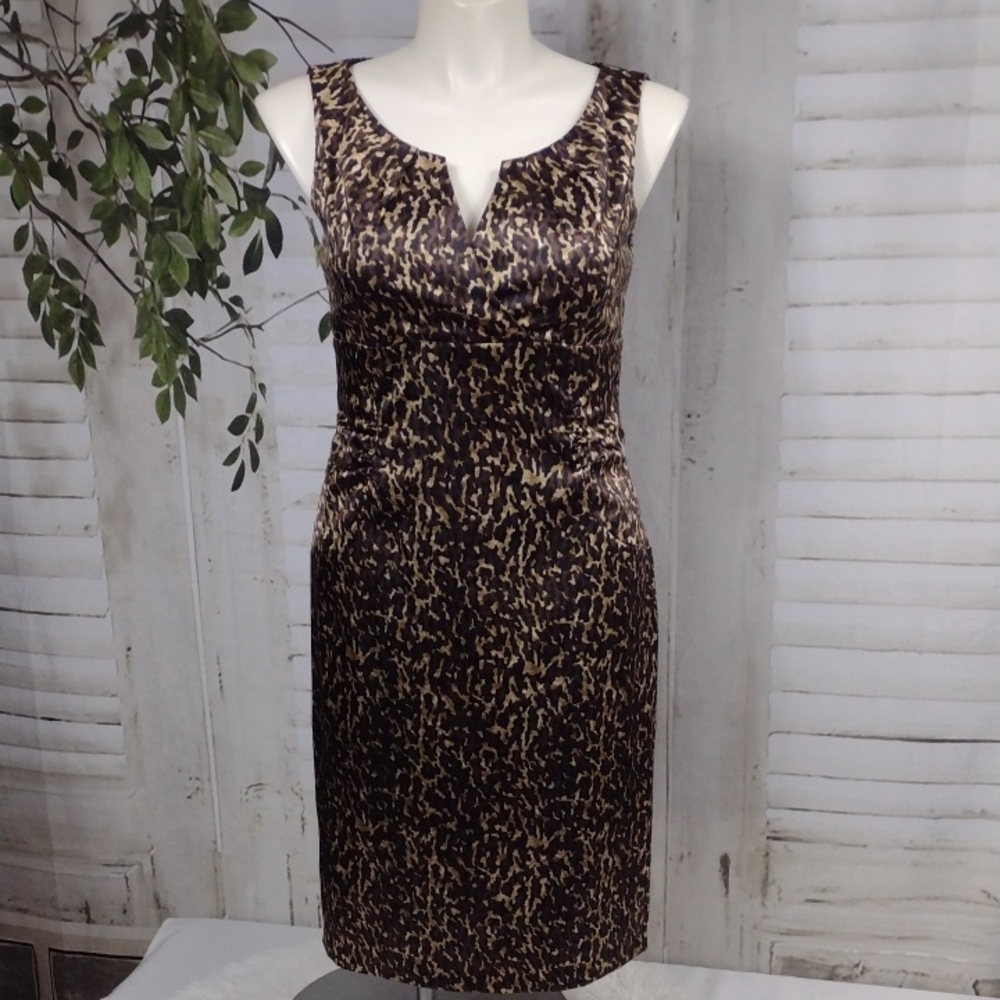 London Times Brown and Black Animal Print Midi Satin Dress Size 14